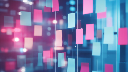 Aufkleber - Digital brainstorming session virtual postit notes on smart board blurred background