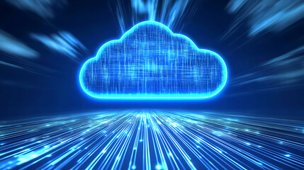 Poster - Data and cloud computing technology, glowing lines in a blue background