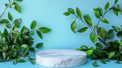 Wall Mural - Elegant marble podium display with fresh green leaves light blue background for ecofriendly product presentation flat lay