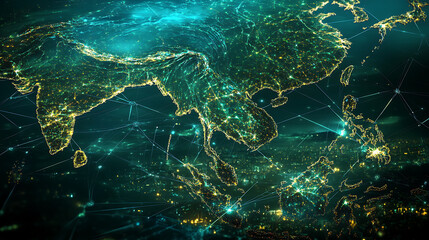 Aufkleber - Digital map of southeast asia with glowing network connections representing global connectivity data exchange and telecommunication abstract 3d rendering