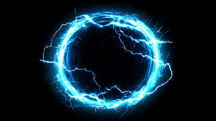 Fototapete - Futuristic glowing blue hologram circles with lightning plasma portal isolated on black digital abstract background