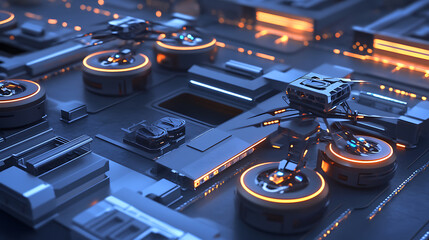 Fototapete - Hightech logistics network with automated warehouses and delivery drones futuristic 3d illustration