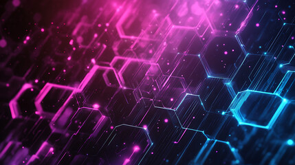 Leinwandbilder - Purple and blue background with glowing hexagons and stripes, glowing lines, dark purple and light magenta gradients, dark purple background
