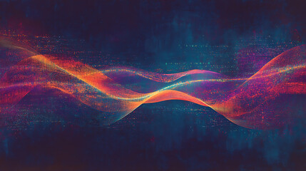 Leinwandbilder - Two large lines that almost touch each other, with digital data flowing between them, surrounded by colorful glowing light curves on a dark blue background