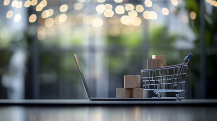 Poster - Online shopping and ecommerce concept with blurred laptop boxes and cart