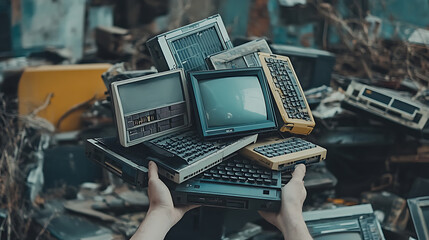 Poster - Pile of old laptop computers in hands representing ewaste donation and recycling concept