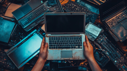 Aufkleber - Pile of old laptop computers in hands representing ewaste donation and recycling concept