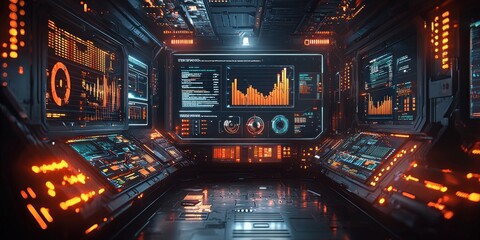 Futuristic Control Room with Illuminated Digital Displays