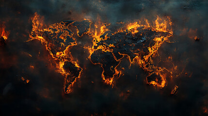 Aufkleber - Scorched earth dark world map engulfed in flames symbolizing global warming and environmental disaster abstract concept illustration