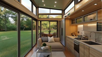 Aufkleber - Sleek and sustainable prefab tiny home with expansive glass walls and a cozy interior 3d rendering
