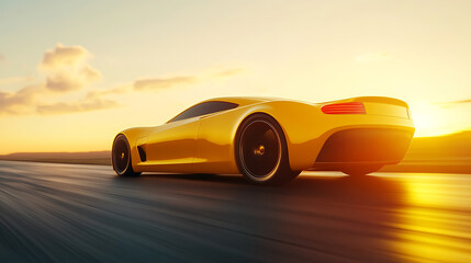 Aufkleber - Sleek yellow sports car speeding on asphalt road at sunset automotive concept illustration