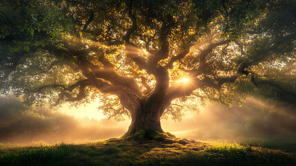 Poster - A beautiful green tree in the meadow near the river at sunrise with misty fog in the background A nature landscape with an old big oak tree, sunlight and sun rays