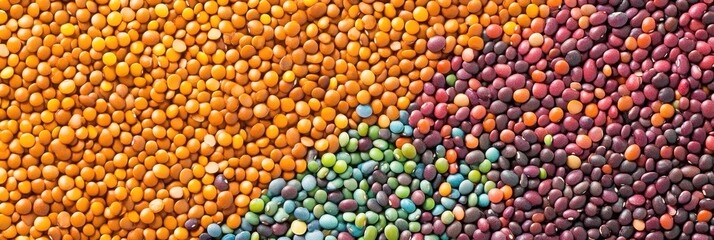 Poster - This artwork features an arrangement of colorful beans, lentils, and seeds, forming an intricate abstract design on a flat surface. Generative AI