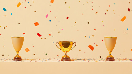 Poster - A row of golden presentation trophies with confetti on a beige background