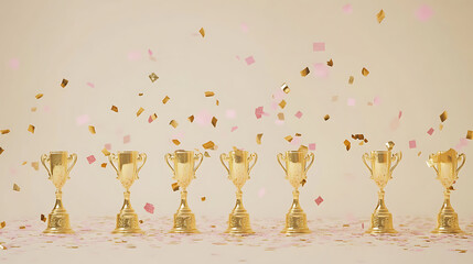 Poster - A row of golden presentation trophies with confetti on a beige background