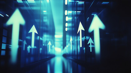 Poster - A series of arrows pointing upwards on an office background, symbolizing growth and progress in business or education