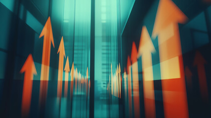 Leinwandbilder - A series of arrows pointing upwards on an office background, symbolizing growth and progress in business or education