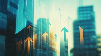 Aufkleber - A series of arrows pointing upwards on an office background, symbolizing growth and progress in business or education