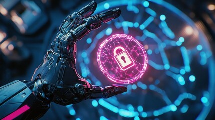 Poster - Robotic Hand Holding a Glowing Lock Icon