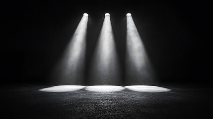 Poster - Abstract background with three light beams shining down on the asphalt floor, creating an illuminated and minimalistic scene for product presentation in studio