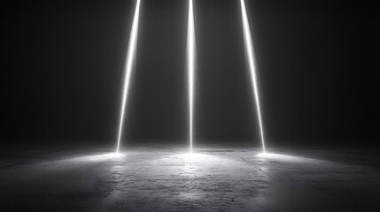 Poster - Abstract background with three light beams shining down on the asphalt floor, creating an illuminated and minimalistic scene for product presentation in studio