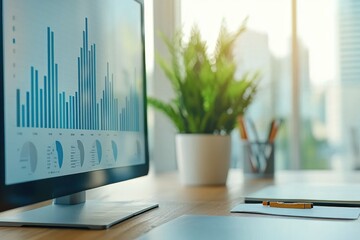 Leinwandbilder - A Modern Office Desk with a Computer Displaying Charts and Graphs