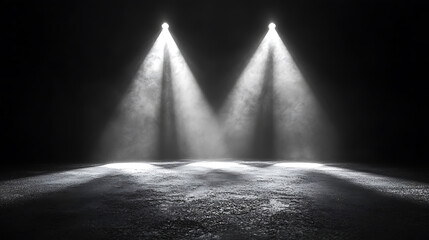 Poster - Abstract background with three light beams shining down on the asphalt floor, creating an illuminated and minimalistic scene for product presentation in studio