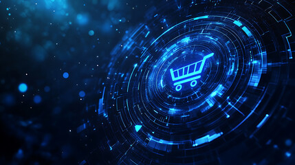 Leinwandbilder - Abstract futuristic background with a glowing blue hologram shopping cart icon in a circle on a dark blue digital technology and online store concept