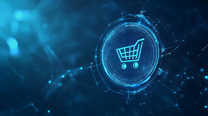 Leinwandbilder - Abstract futuristic background with a glowing blue hologram shopping cart icon in a circle on a dark blue digital technology and online store concept