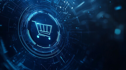 Leinwandbilder - Abstract futuristic background with a glowing blue hologram shopping cart icon in a circle on a dark blue digital technology and online store concept