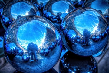 Reflective Blue Spheres with a Distorted Reflection of a Person