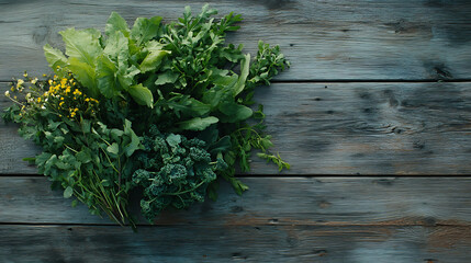 Wall Mural - Top down view of freshly picked vegetables and herbs from a local farm on a rustic wooden table with copy space