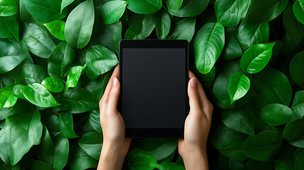 Poster - Top view of an electronic reader mockup in the persons hands, adorned with green leaves for a natural and fresh aesthetic