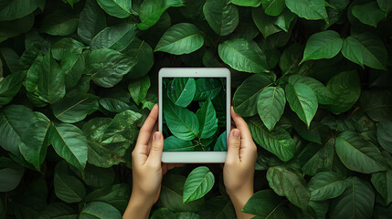 Leinwandbilder - Top view of an electronic reader mockup in the persons hands, adorned with green leaves for a natural and fresh aesthetic