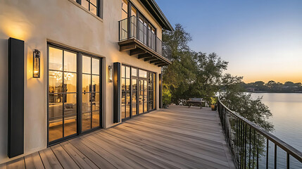 Poster - Modern farmhouse style home on lake, wooden deck with large windows and beige color scheme, overlooking the water at dusk, black vertical sconces along side of house