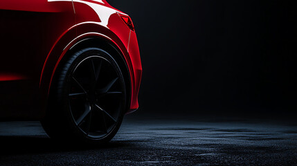 Aufkleber - Close up of the side profile of an SUV vehicle with red paint, showcasing its black wheels and white centerpiece in high resolution
