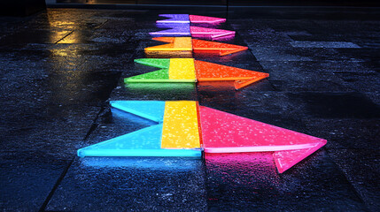 Poster - Colorful neon arrows pointing in different directions, symbolizing the concept of direction and choice