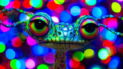 Poster - A colorful creature with large eyes and a patterned body. AI.