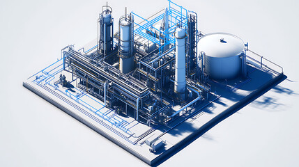 Aufkleber - A digital illustration of an oil production plant with blue and white data visualization lines overlaying the scene, symbolizing technology integration in industrial operator training