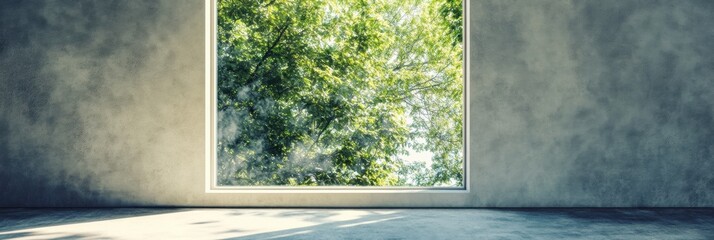 Poster - The bright, empty room showcases a large window that perfectly captures lush greenery outside under clear daylight. Generative AI