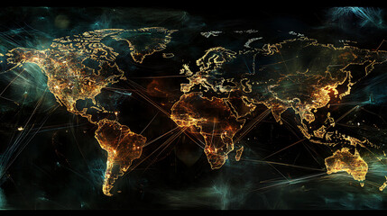 Poster - A digital representation of global communication networks, showcasing interconnected nodes and data flow, symbolizing worldwide connectivity and information exchange