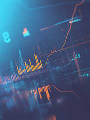 Aufkleber - A digital stock market graph, with blue and orange lines on a dark background, blurred light effects, and a financial chart-like style
