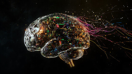 Aufkleber - A futuristic digital brain made of circuitry, connected to an abstract AI energy stream on the right side, all set against a dark background