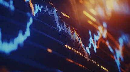Aufkleber - A digital stock market graph, with blue and orange lines on a dark background, blurred light effects, and a financial chart-like style