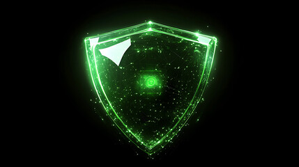 Poster - A green cyber security shield icon glowing on a black background with digital data and network connection technology concept