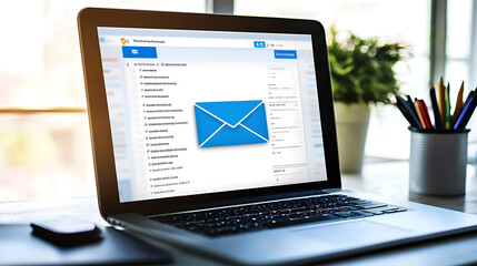 Poster - A laptop screen with an open envelope displayed an email profile page in white and yellow colors on a blue background