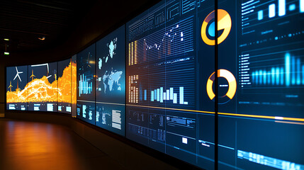 Leinwandbilder - High-tech display showcasing data analysis and information diagrams, with wind turbines in the background, symbolizing renewable energy and sustainable technology
