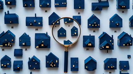 Aufkleber - A magnifying glass over blue roofed houses, symbolizing real estateï¸ڈs cushions for-looking at home on white background