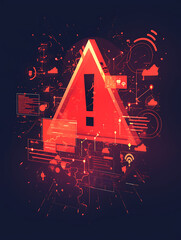 Fototapete - A red exclamation mark in the shape of a triangle on a black background, with cyber security icons and graphs floating around it