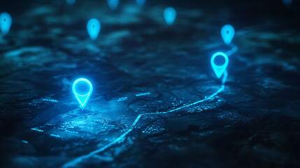 Poster - Abstract blue glowing location pins on a dark background with copy space, a map route path showing travel and an online jewelry delivery service concept
